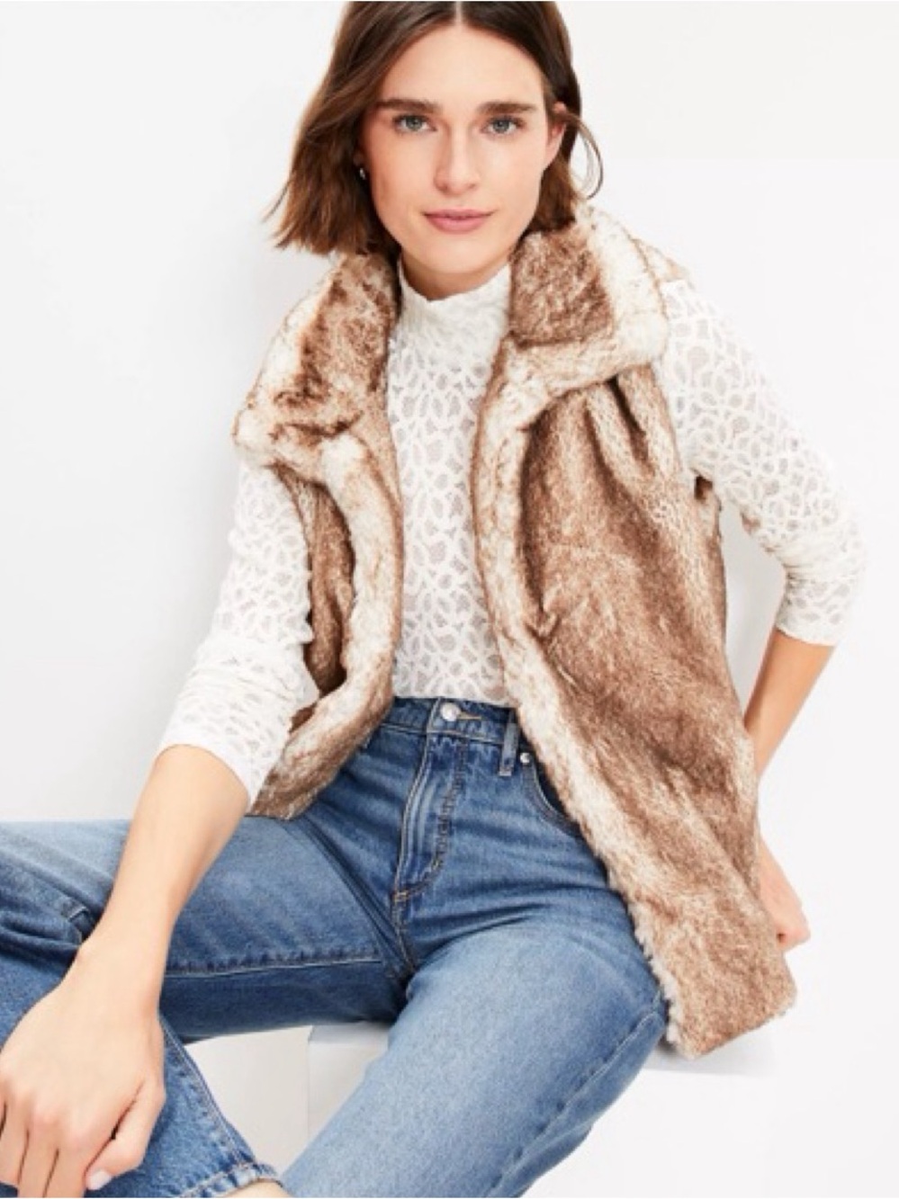 LOFT Brown Cream Frosted Faux Fur Vest Open Front Pockets | Size Medium